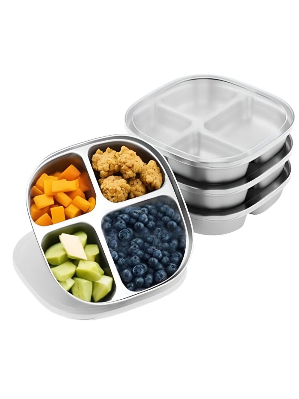 Stainless Steel Kids Plates,Set of 4 Toddler Plates with Lids - 4 Compartments